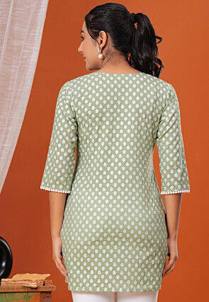 Printed Pure Cotton Straight Kurti in Pastel Green