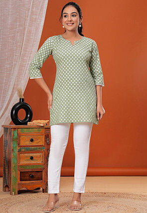 Printed Pure Cotton Straight Kurti in Pastel Green