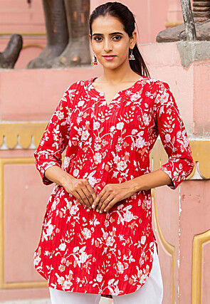 Printed Pure Cotton Straight Kurti in Red