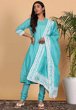 Printed Pure Cotton Straight Suit in Blue