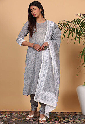 Printed Pure Cotton Straight Suit in Grey