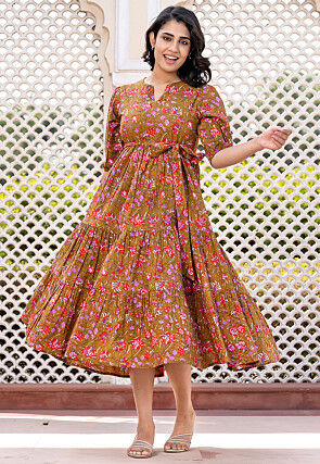 Printed Pure Cotton Tiered Dress in Brown