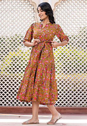 Printed Pure Cotton Tiered Dress in Brown