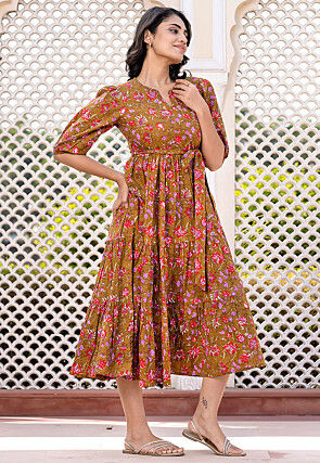 Printed Pure Cotton Tiered Dress in Brown