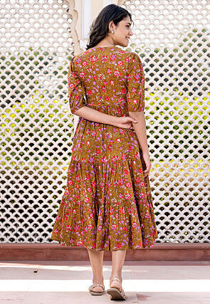 Printed Pure Cotton Tiered Dress in Brown