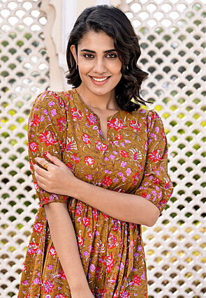 Printed Pure Cotton Tiered Dress in Brown