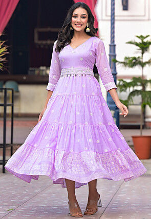 Printed Pure Cotton Tiered Dress in Light Purple