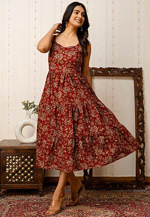 Printed Pure Cotton Tiered Dress in Maroon