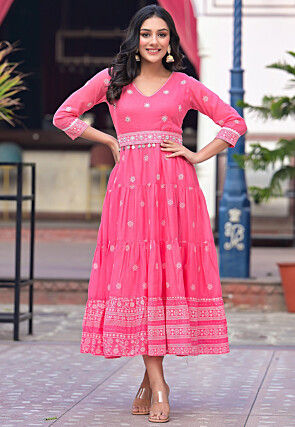 Printed Pure Cotton Tiered Dress in Pink