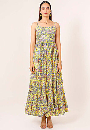 Printed Pure Cotton Tiered Dress in Yellow