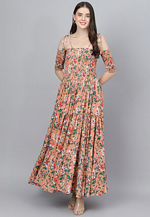 Printed Pure Cotton Tiered Maxi Dress in Peach