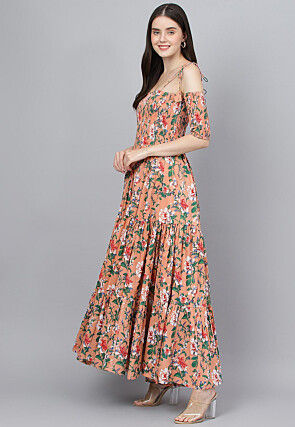 Printed Pure Cotton Tiered Maxi Dress in Peach