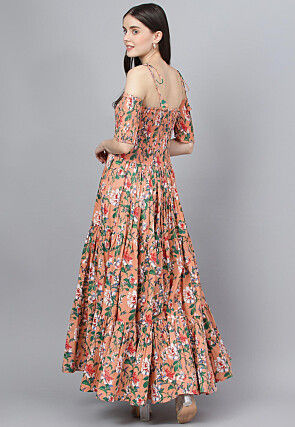 Printed Pure Cotton Tiered Maxi Dress in Peach