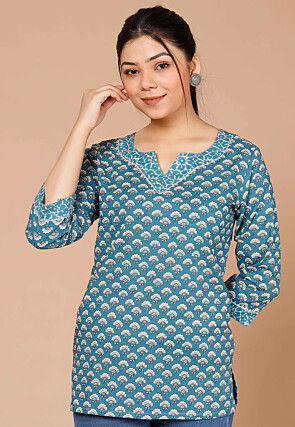 Printed  Pure Cotton Top in Blue