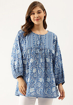 Printed Pure Cotton Top in Blue