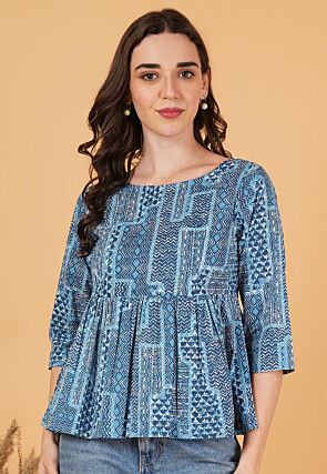 Printed Pure Cotton Top in Blue
