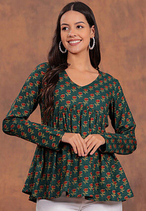 Printed Pure Cotton Top in Dark Teal Green