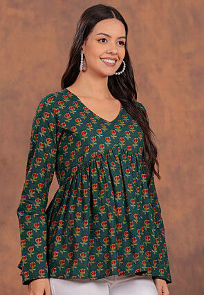 Printed Pure Cotton Top in Dark Teal Green