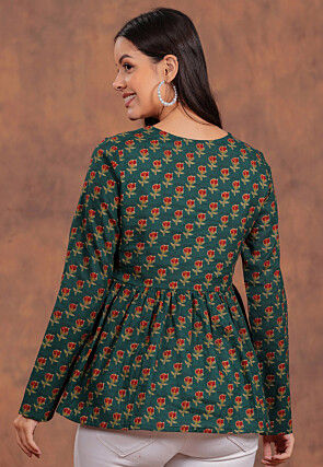Printed Pure Cotton Top in Dark Teal Green
