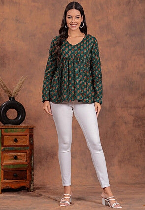 Printed Pure Cotton Top in Dark Teal Green