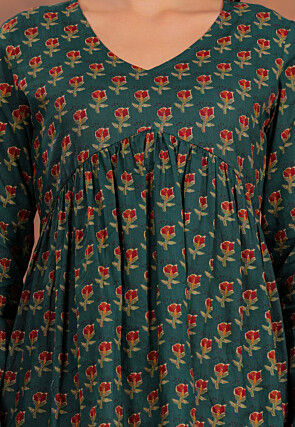 Printed Pure Cotton Top in Dark Teal Green