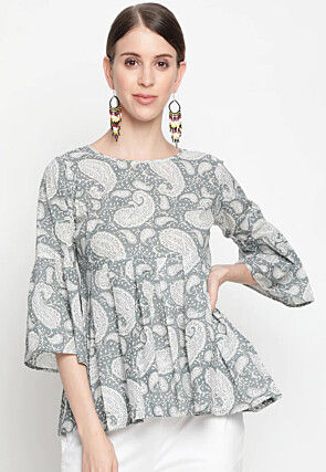 Printed Pure Cotton Top in Grey