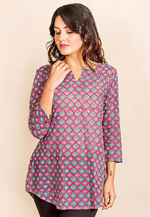 Printed Pure Cotton Top in Light Purple and Blue