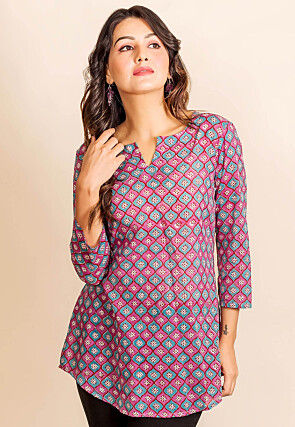 Printed Pure Cotton Top in Light Purple and Blue