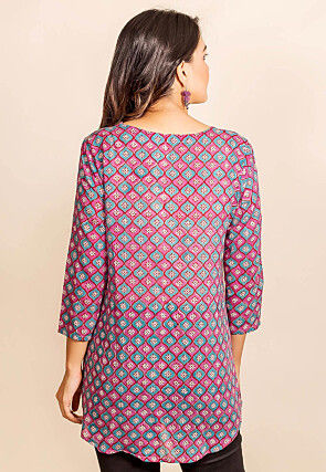 Printed Pure Cotton Top in Light Purple and Blue