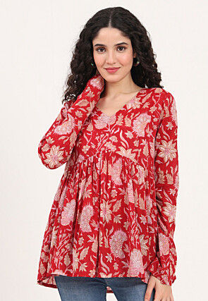 Printed Pure Cotton Top in Red