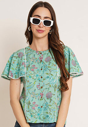 Printed Pure Cotton Top in Sea Green