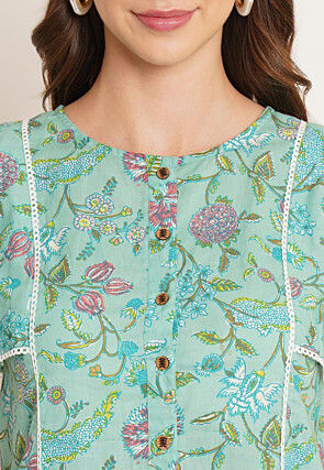 Printed Pure Cotton Top in Sea Green