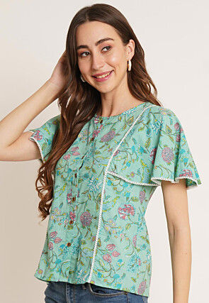 Printed Pure Cotton Top in Sea Green