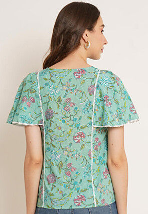 Printed Pure Cotton Top in Sea Green