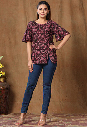 Printed Pure Cotton Top in Wine