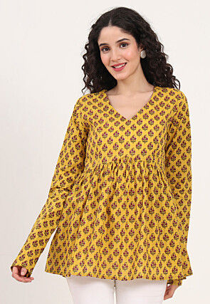 Printed Pure Cotton Top in Yellow