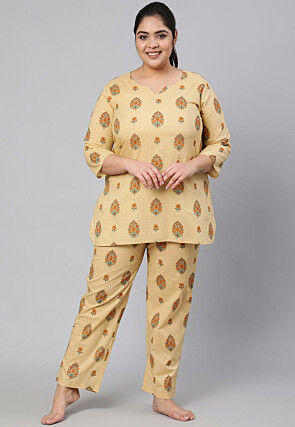 Printed Pure Cotton Top Set in Beige