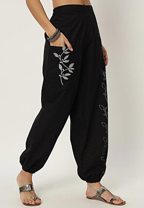 Printed Pure Cotton Trouser in Black