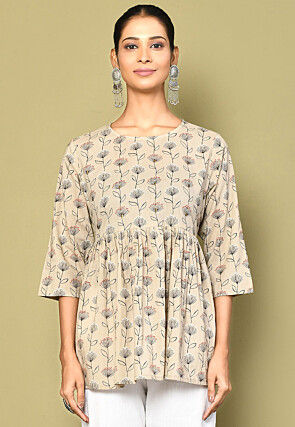 Printed Pure Cotton Tunic in Beige