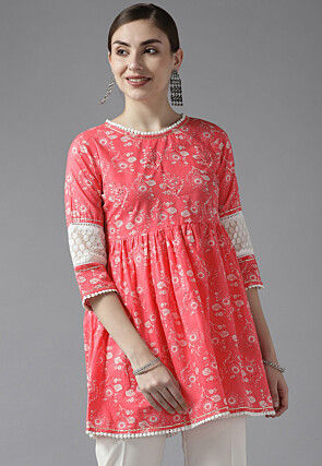 Printed Pure Cotton Tunic in Dark Pink