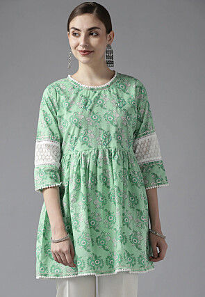 Printed Pure Cotton Tunic in Light Green