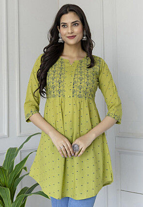 Printed Pure Cotton Tunic in Light Olive Green