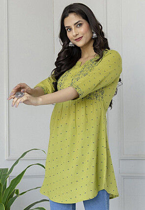 Printed Pure Cotton Tunic in Light Olive Green