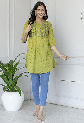 Printed Pure Cotton Tunic in Light Olive Green