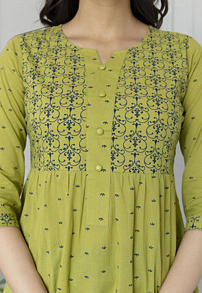 Printed Pure Cotton Tunic in Light Olive Green