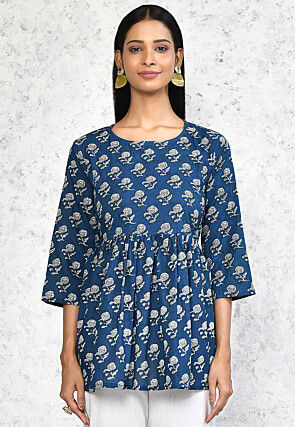 Printed Pure Cotton Tunic in Navy Blue