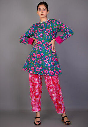 Printed Pure Cotton Tunic Set in Blue