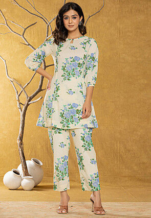 Printed Pure Cotton Tunic Set in Cream