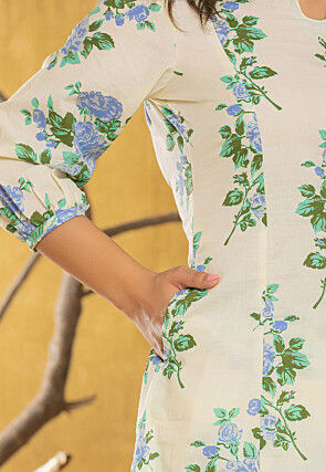 Printed Pure Cotton Tunic Set in Cream