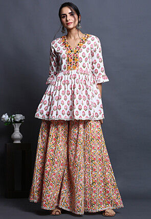 Printed Pure Cotton Tunic Set in White